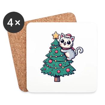 Chat de Noël - mignon sur le sapin de Noël dans la bande dessinée - Dessous de verre (lot de 4) - blanc - Devant