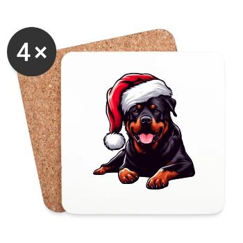 Rottweiler mignon portant un chapeau de Père Noël - Dessous de verre (lot de 4) - blanc - Devant