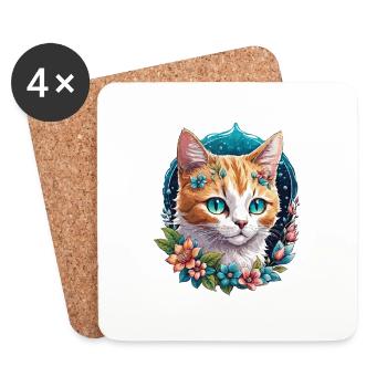 chat et fleur aquarelle - Dessous de verre (lot de 4) - blanc - Devant