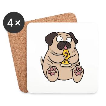 Fat Pug Dog Eating Pizza Funny Comic Style - Coasters (set of 4) - white - Front