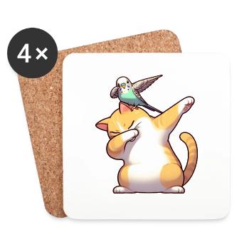 Cat and budgie dabbing cute - Coasters (set of 4) - white - Front