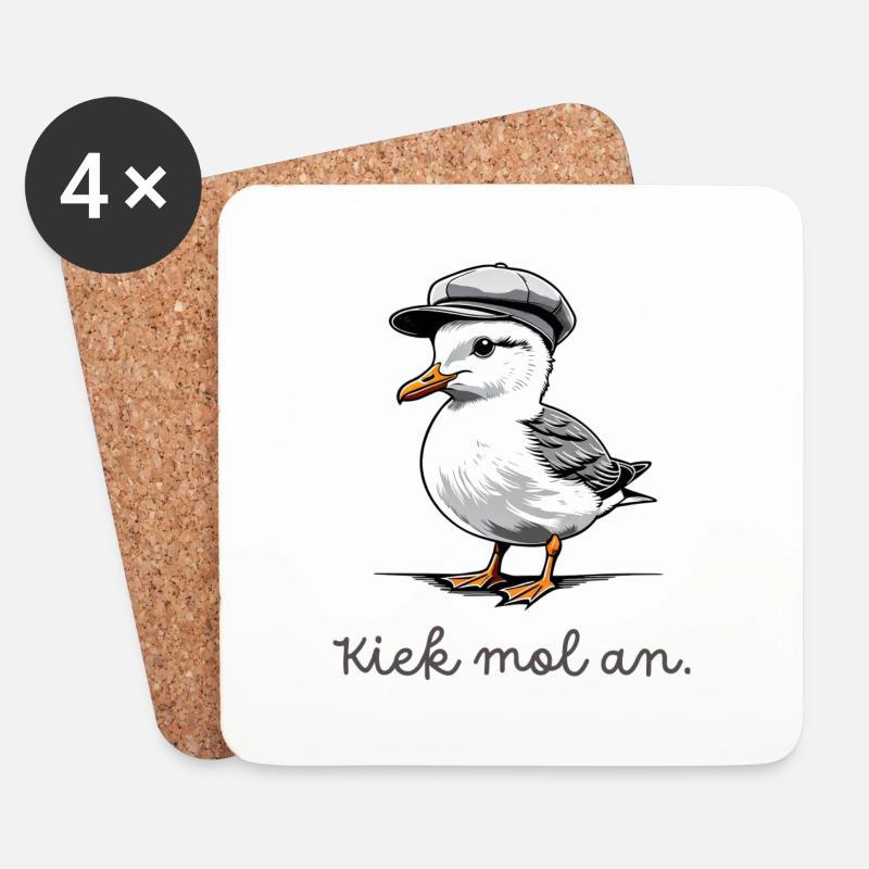 "Kiek mol an" Möwe mit plattdeutschem Spruch - Untersetzer (4er-Set) - Weiß