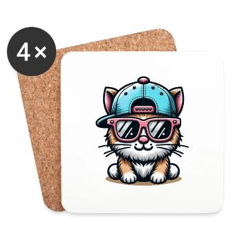 Chat mignon avec chapeau et lunettes de soleil - Süsse Katze - Dessous de verre (lot de 4) - blanc - Devant