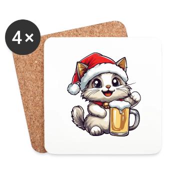 Katze Weihnachten Bier - Untersetzer (4er-Set) - Weiß - Vorne