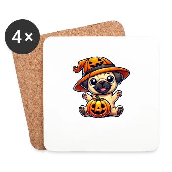 Halloween Dog Pug Pumpkin Hat Whimsical - Coasters (set of 4) - white - Front