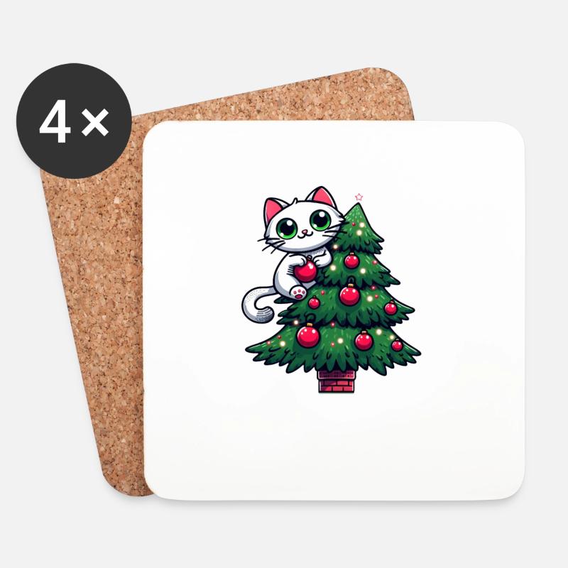 Süße Katze Weihnachten Comic Tannenbaum - Untersetzer (4er-Set) - Weiß