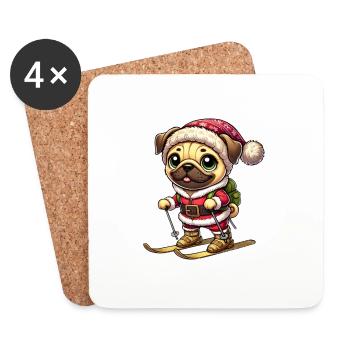 Pug on skis winter fun Christmas - Coasters (set of 4) - white - Front