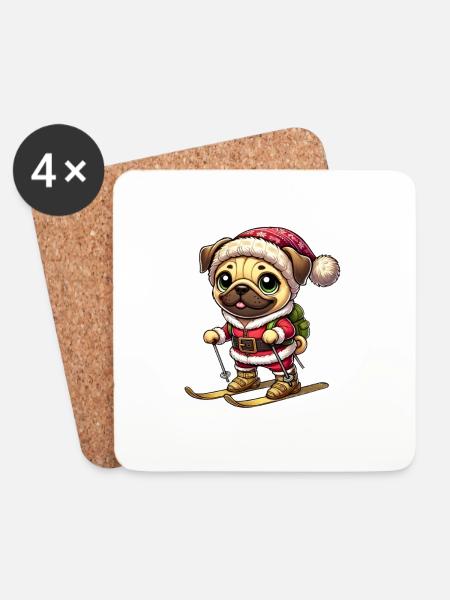 Mops auf Skiern Winter Spaß Weihnachten - Untersetzer (4er-Set) - Weiß