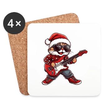 Katze Weihnachten Rocker Gitarre Kopf - Untersetzer (4er-Set) - Weiß - Vorne