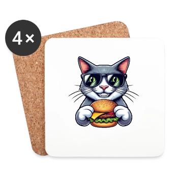 Chat Nerd Cool avec Hamburger Kater Cheeseburger - Dessous de verre (lot de 4) - blanc - Devant