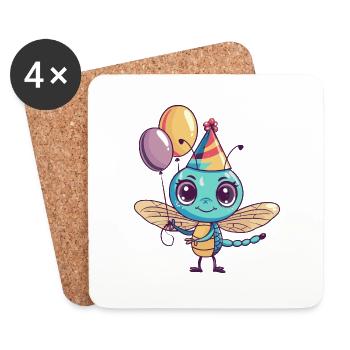 Dragonfly Birthday Comic Cute - Coasters (set of 4) - white - Front