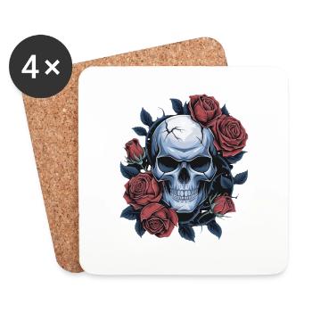 Crâne avec des fleurs de roses - Dessous de verre (lot de 4) - blanc - Devant
