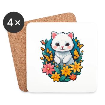 White kitten with flowers - Coasters (set of 4) - white - Front