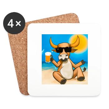 Bull with sunglasses and beer on the golden beach - Coasters (set of 4) - white - Front
