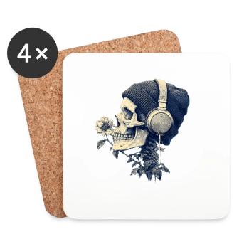 Crâne avec casque et fleurs - Dessous de verre (lot de 4) - blanc - Devant