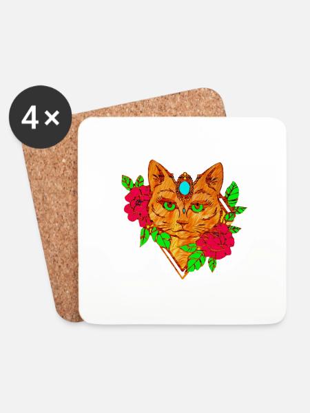 cat and flowers - Coasters (set of 4) - white