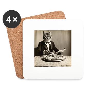 Chat / Animal / Photo / Sépia / Rétro / Pizza - Dessous de verre (lot de 4) - blanc - Devant