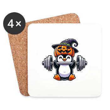 Halloween Penguin Weightlifting Penguin Gym Pumpkin - Coasters (set of 4) - white - Front