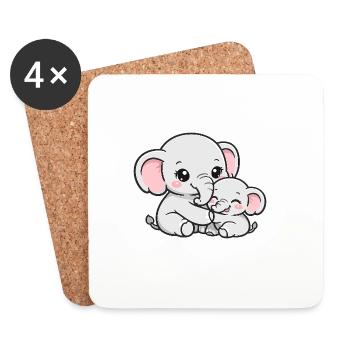 Maman éléphante blottie avec son petit bébé - Dessous de verre (lot de 4) - blanc - Devant