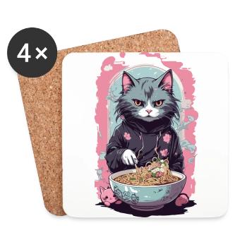 Anime Ramen Katze Japanische Nudelsuppen Kunst - Untersetzer (4er-Set) - Weiß - Vorne