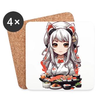 Maître sushi Kawaii Anime avec des oreilles de chat - Dessous de verre (lot de 4) - blanc - Devant