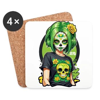 Sugar Skull Girl with Green Hair & Single Roses - Coasters (set of 4) - white - Front