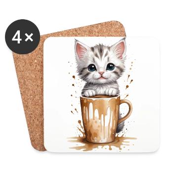 Kätzchen und Kaffeetasse - Purrfect Morning - Untersetzer (4er-Set) - Weiß - Vorne