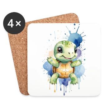 Tortue Kawaii - Aquarelle - Dessous de verre (lot de 4) - blanc - Devant