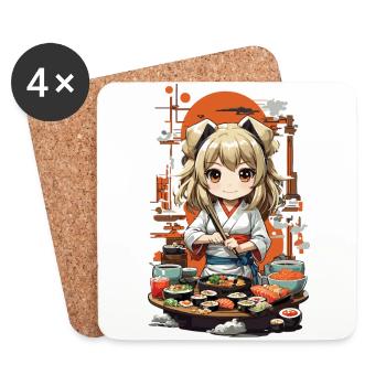 Kawaii Anime Sushi Girl Streetwear Food Design - Dessous de verre (lot de 4) - blanc - Devant