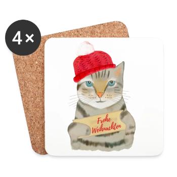 Süße Katze wünscht Frohe Weihnachten - Untersetzer (4er-Set) - Weiß - Vorne