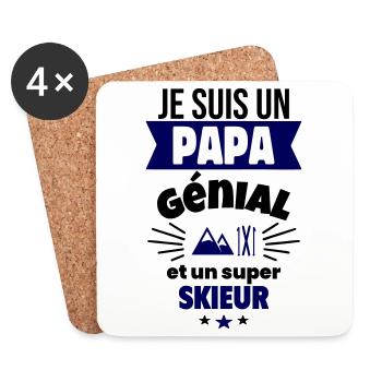 Papa génial & skieur – idée fête des pères - Dessous de verre (lot de 4) - blanc - Devant