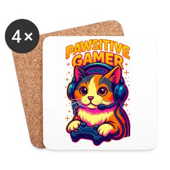Chat gamer dynamique avec casque, j'adore les chats - Dessous de verre (lot de 4) - blanc - Devant