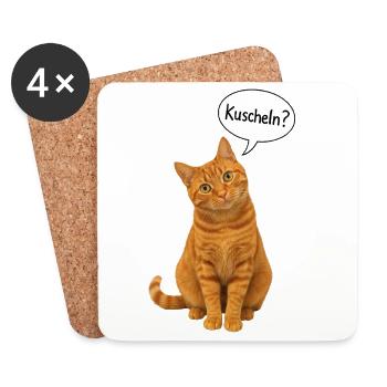 Red cat with tilted head asks: "Cuddle?" - Coasters (set of 4) - white - Front