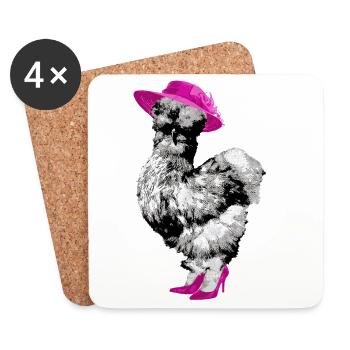 Chicken with Lady's Hat and High Heels, Silk Chicken - Coasters (set of 4) - white - Front