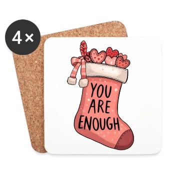 Pink Santa Claus Sock with Hearts – You Are Enough - Coasters (set of 4) - white - Front