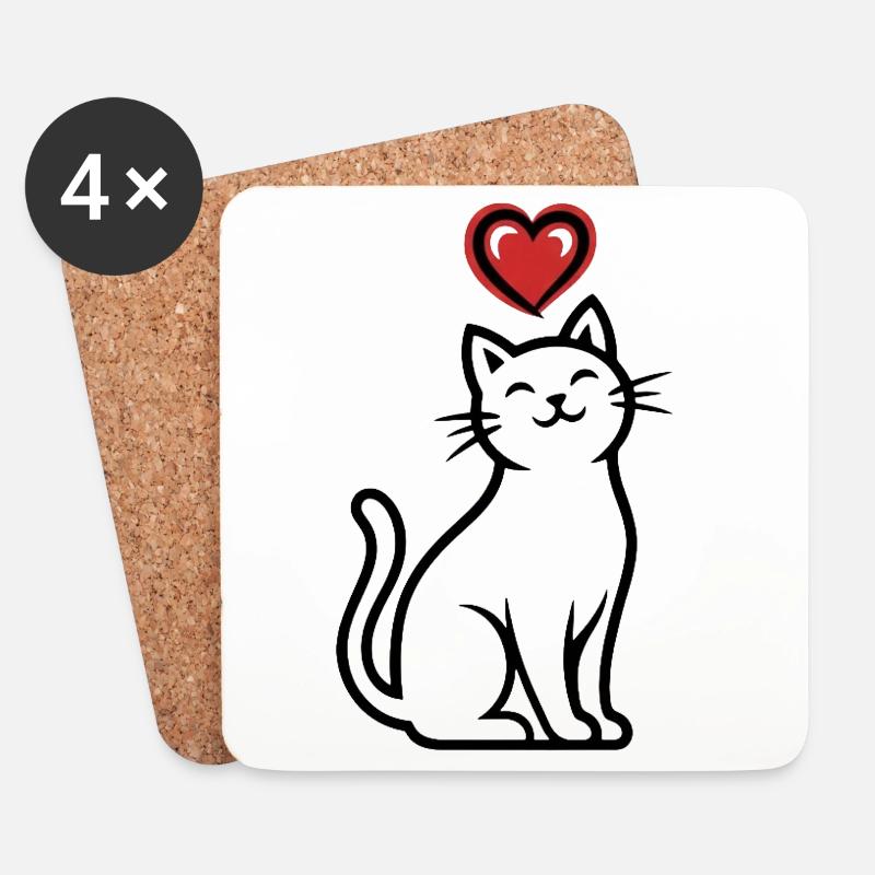 Dessin au trait de chat en forme de cœur - Dessous de verre (lot de 4) - blanc
