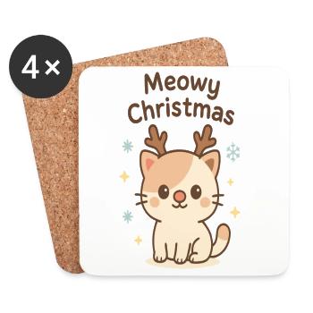 Meowy Christmas Cat with Reindeer Horns - Coasters (set of 4) - white - Front