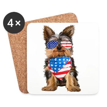 Yorkie patriotique avec lunettes et écharpe USA - Dessous de verre (lot de 4) - blanc - Devant