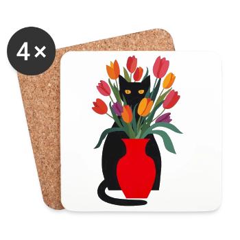 Chat noir et tulipes - Dessous de verre (lot de 4) - blanc - Devant