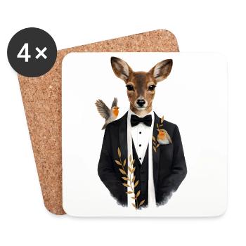 Elegant deer in tuxedo with birds - Coasters (set of 4) - white - Front