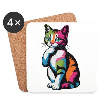Nachdenkliche Pop-Katze Farbexplosion - Untersetzer (4er-Set) - Weiß - Vorne