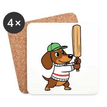 Dachshund Cricket Dog With Bat Cartoon - Coasters (set of 4) - white - Front