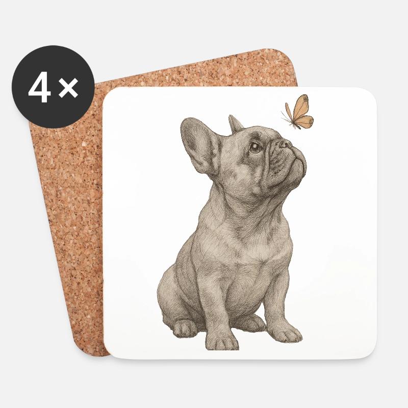 Bouledogue français vintage avec papillon - Dessous de verre (lot de 4) - blanc