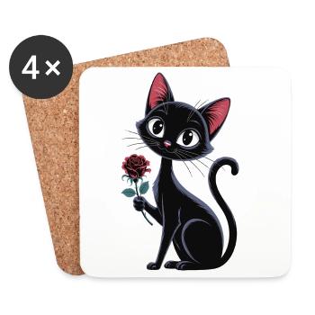 Black Cat with Rose - Gift for Cat Fans - Coasters (set of 4) - white - Front