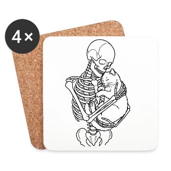 Skeleton with Cat – Gothic Cat Love Dark Art - Coasters (set of 4) - white - Front