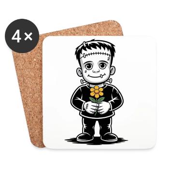 Petit garçon monstre brodé avec une fleur orange - Dessous de verre (lot de 4) - blanc - Devant