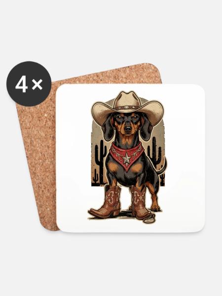 Vintage Dackel Cowboy Outfit – Western Dog Shirt - Untersetzer (4er-Set) - Weiß