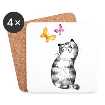 Cat with Butterflies – Sketch Design - Coasters (set of 4) - white - Front
