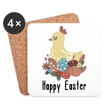 Joyeuses Pâques | Poule dans le nid avec des œufs de Pâques | Boho - Dessous de verre (lot de 4) - blanc - Devant
