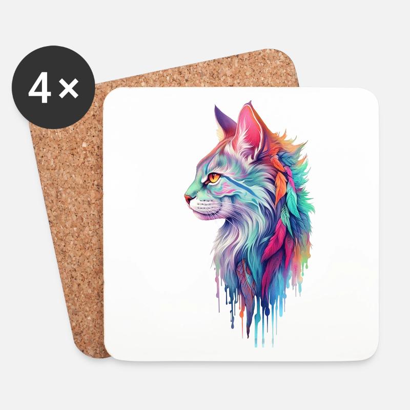 Hippie Katze - Untersetzer (4er-Set) - Weiß